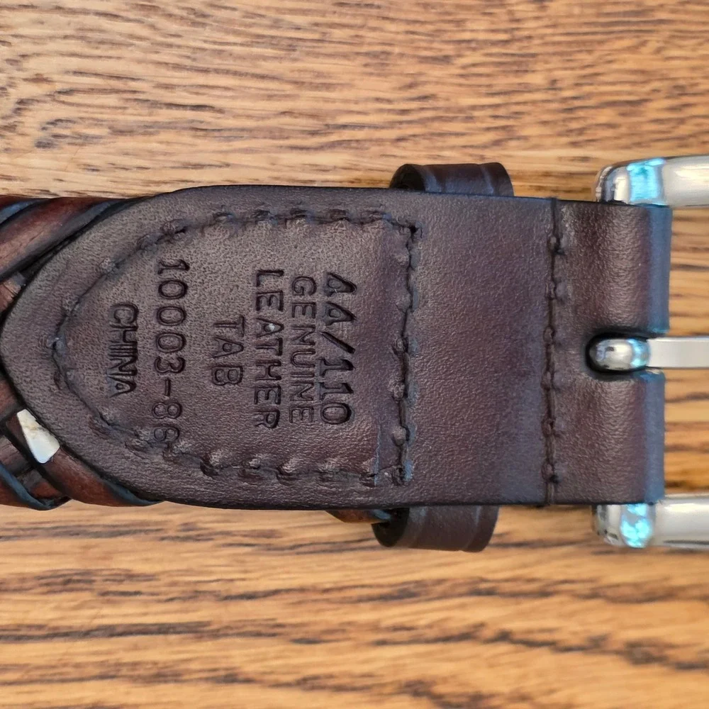 Mens Size 44 Adjustable Brown Genuine Leather Braided Woven Belt Silver Buckle